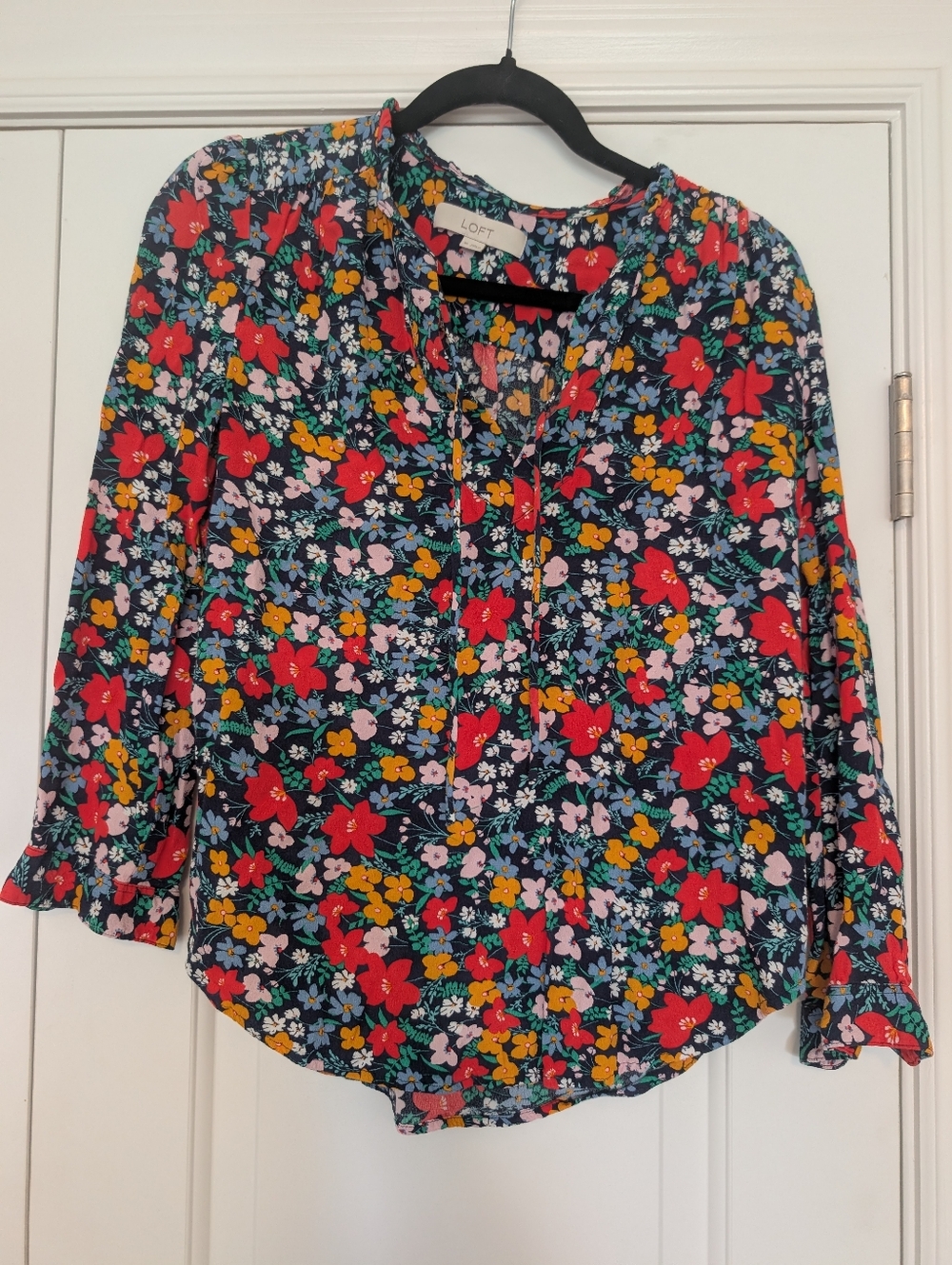 LOFT Navy Floral Tie-Neck Blouse with Multicolor Flowers